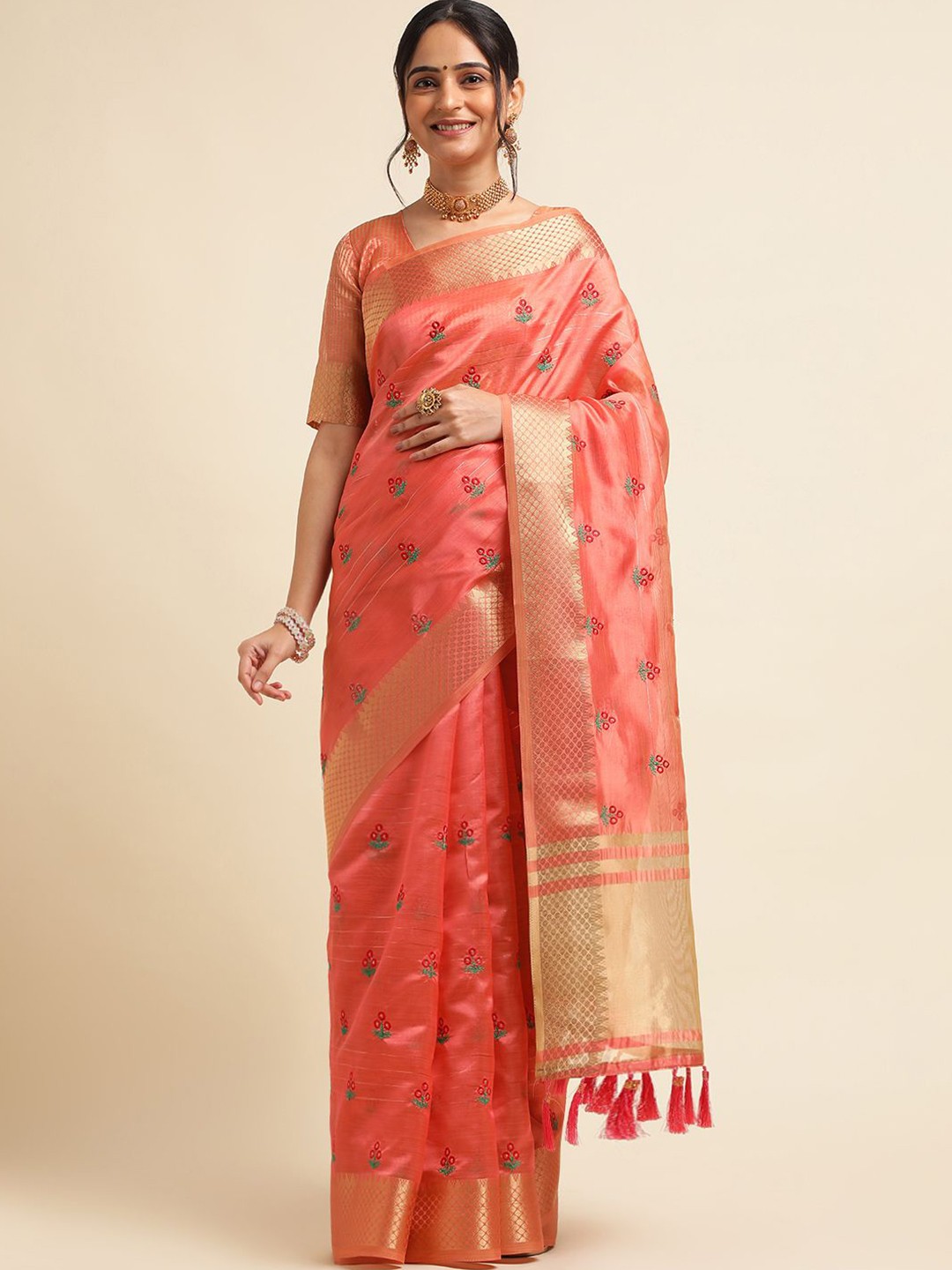 

A.V.M. SILK MILLS Ethnic Motifs Embroidered Pure Cotton Saree, Red