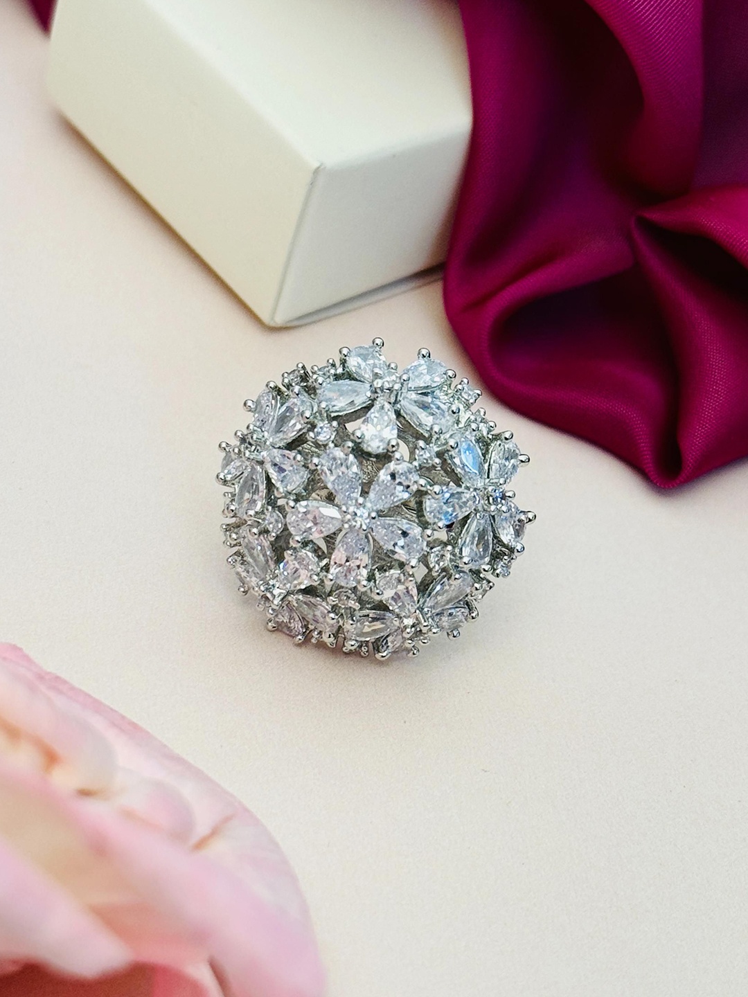 

ABDESIGNS Exquisite Silver Plated American Diamond Stone Studded Ring