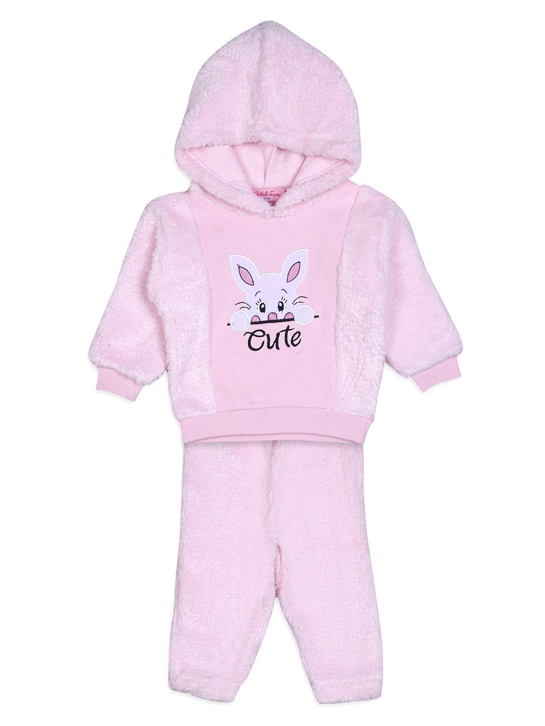 

White Snow Infants Girls Embroidered Hooded Fleece Sweatshirt With Trousers, Pink