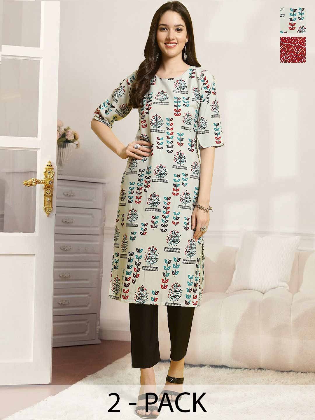 

7Threads Selection Of 2 Floral Printed Straight Kurtas With Trousers, Off white