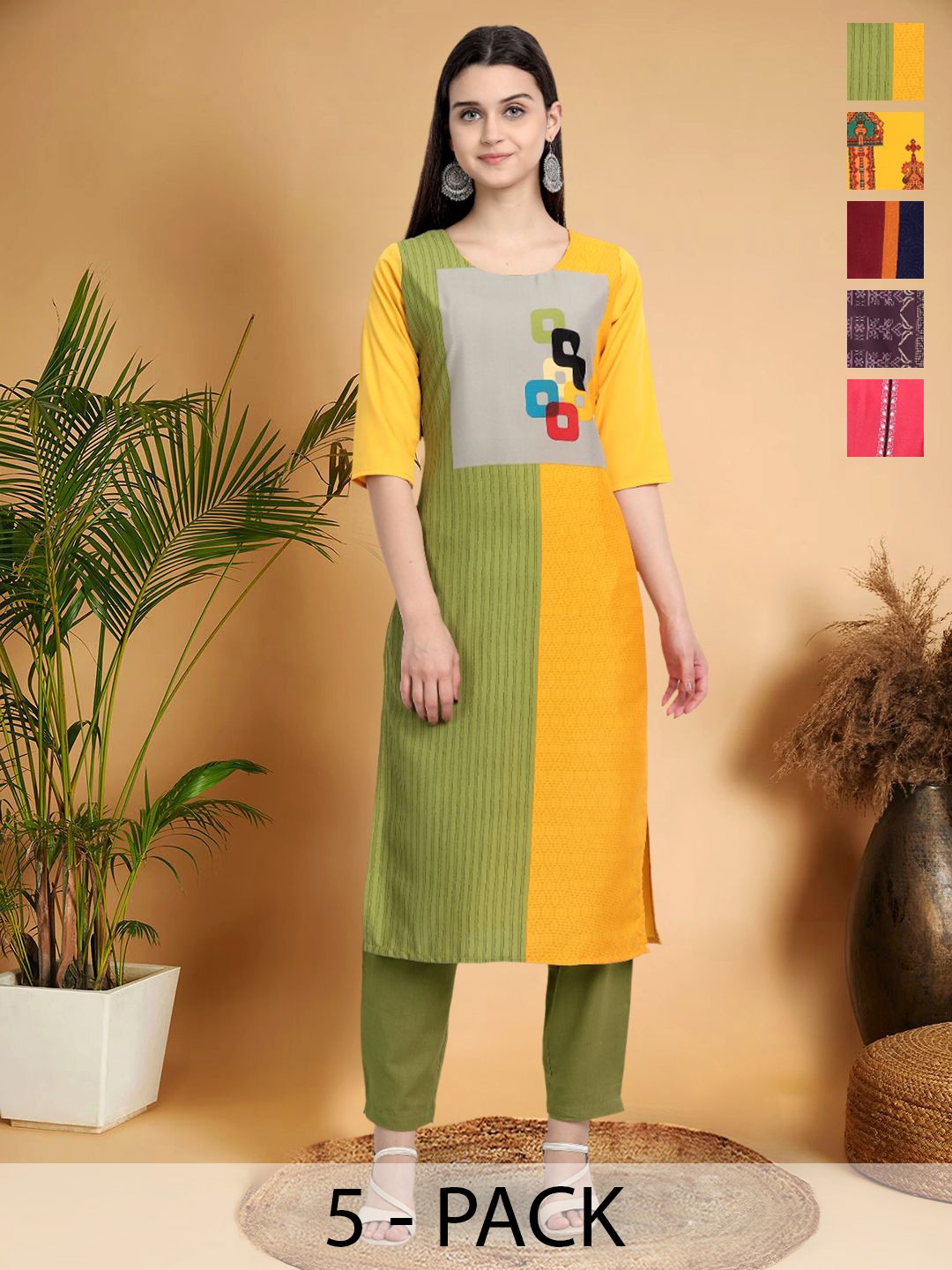 

7Threads Selection Of 5 Colourblocked Round Neck Straight Kurtas, Yellow