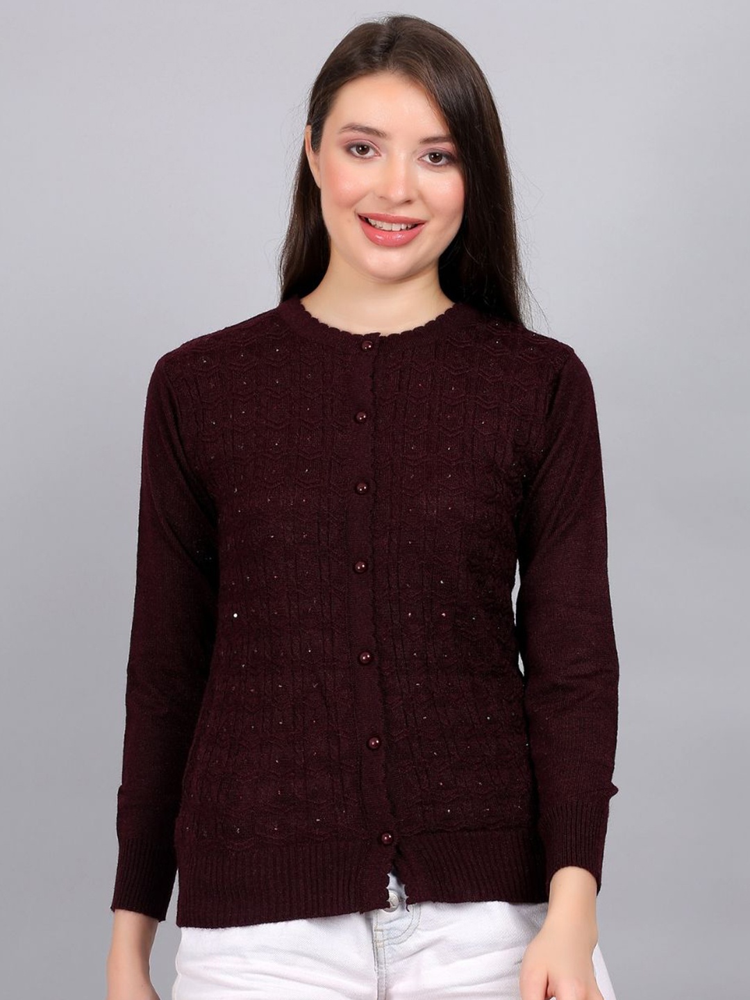 

YOUTH ROBE Women Self Design Cardigan, Burgundy
