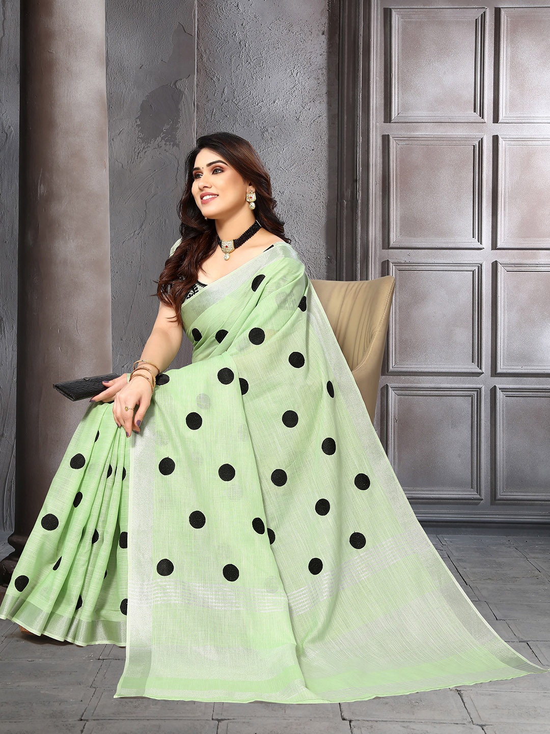 

A.V.M. SILK MILLS Polka Dot Zari Pure Cotton Saree, Green