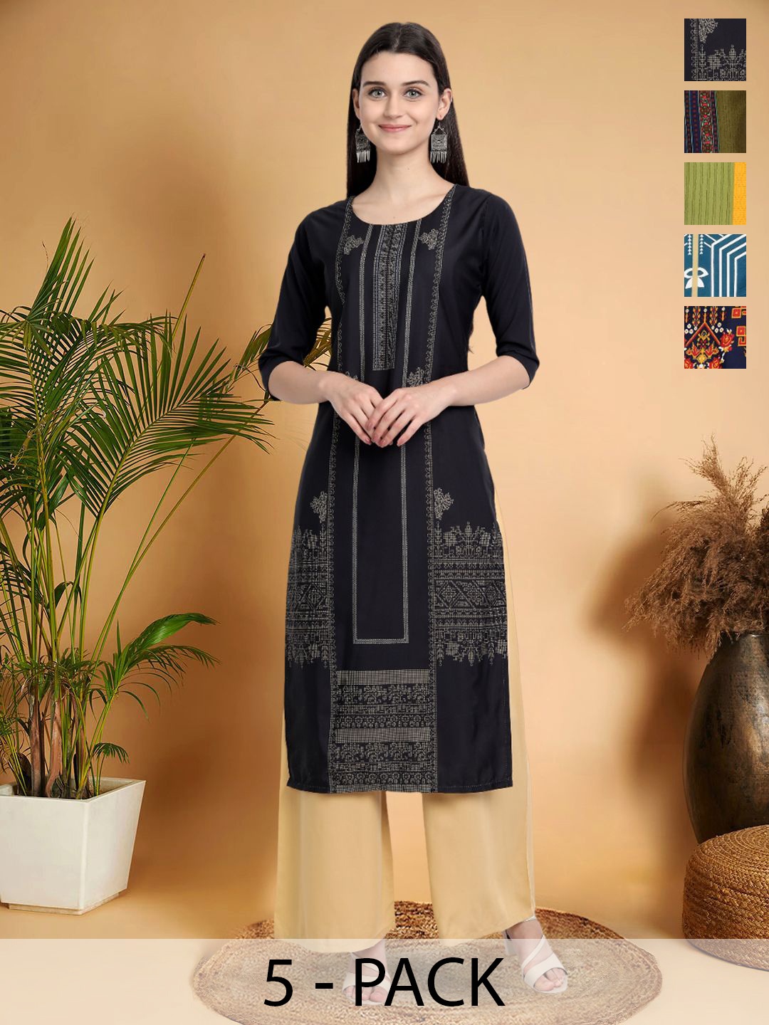 

7Threads Selection Of 5 Ethnic Motifs Printed Round Neck Straight Kurtas, Black