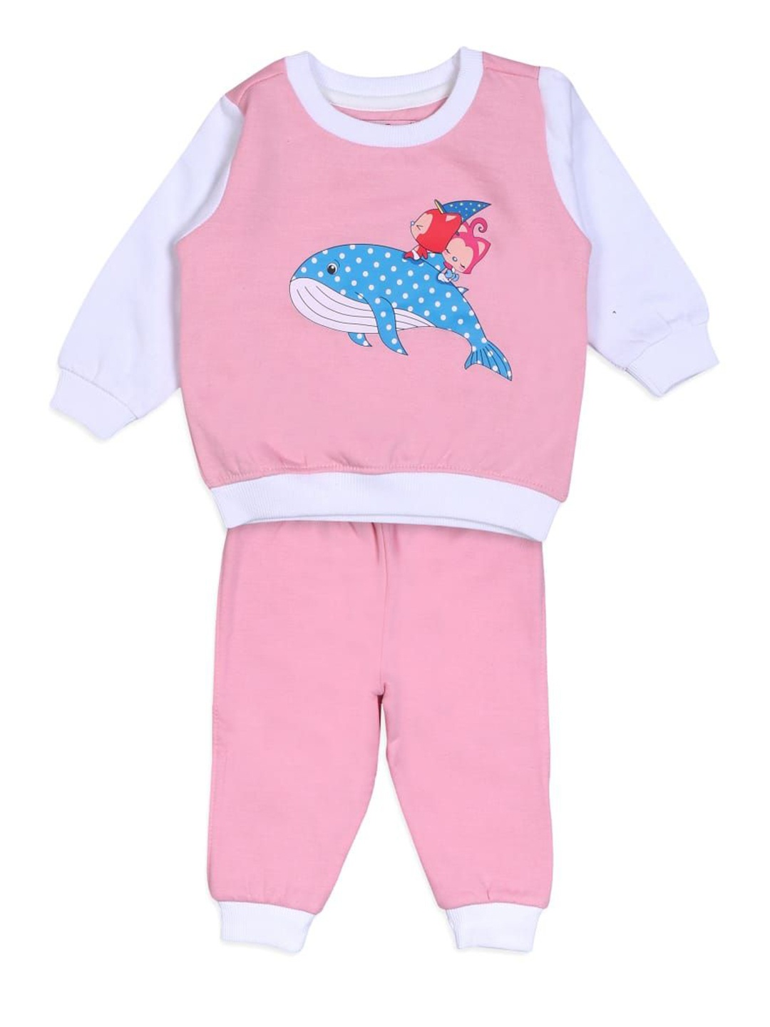

White Snow Infants Girls Printed Round Neck Fleece Sweatshirt With Joggers, Pink