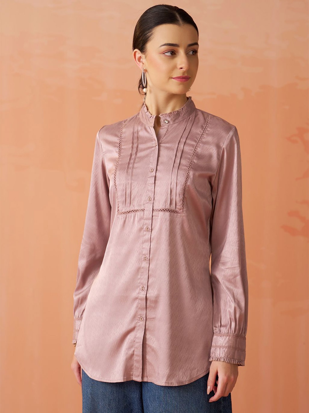 

Lakshita Women Classic Oversized Fit Band Collar Solid Casual Shirt, Pink