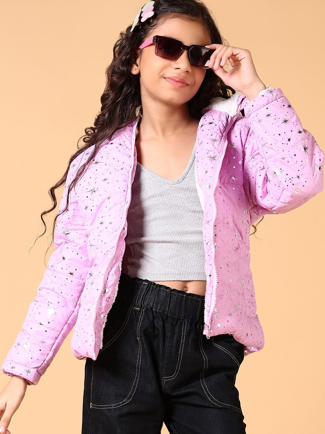 

V-Mart Girls Hooded Abstract Printed Cotton Casual Parka Jacket, Purple