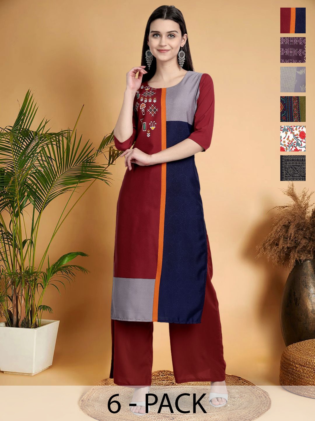 

7Threads Selection Of 6 Colourblocked Round Neck Straight Kurtas, Maroon