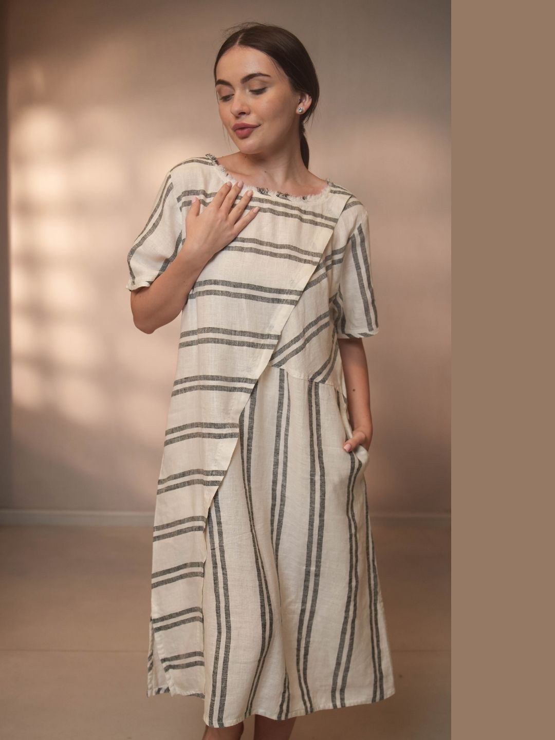 

Fabulous Striped Flared Sleeve Linen Fit & Flare Midi Dress, White
