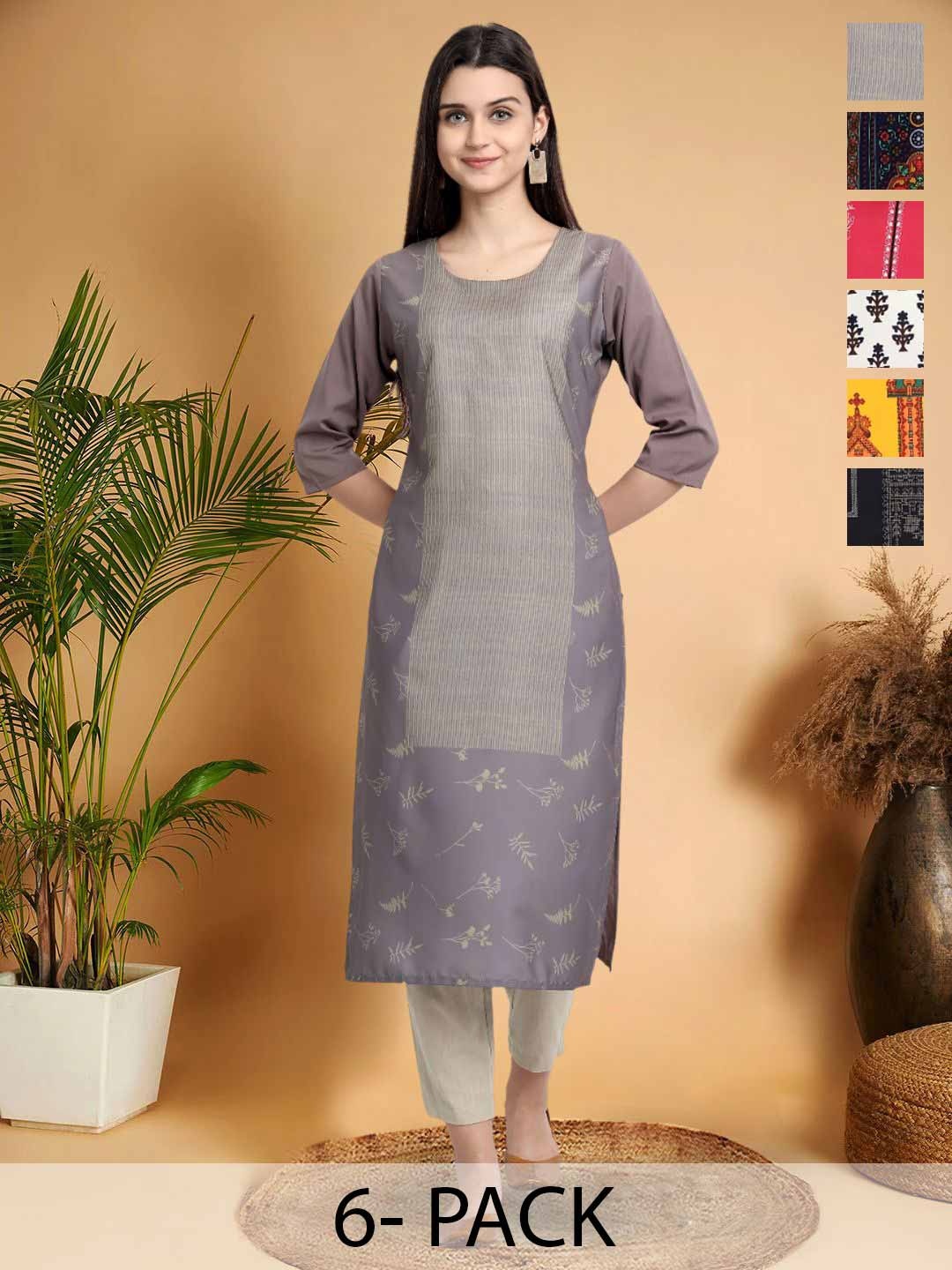 

7Threads Selection Of 6 Floral Printed Round Neck Straight Kurtas, Grey