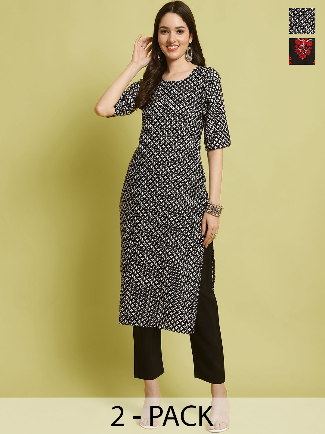 

7Threads Selection Of 2 Floral Printed Round Neck Straight Kurta With Trousers, Black