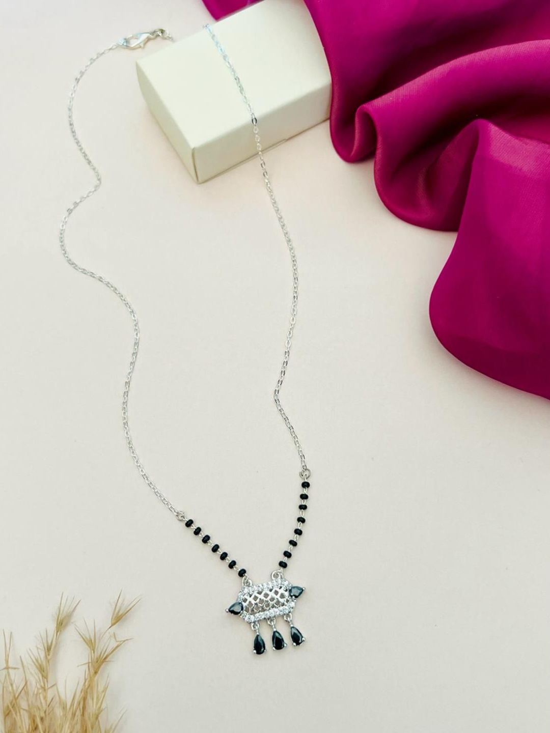 

ABDESIGNS Silver-Plated American Diamond Studded & Beaded Mangalsutra