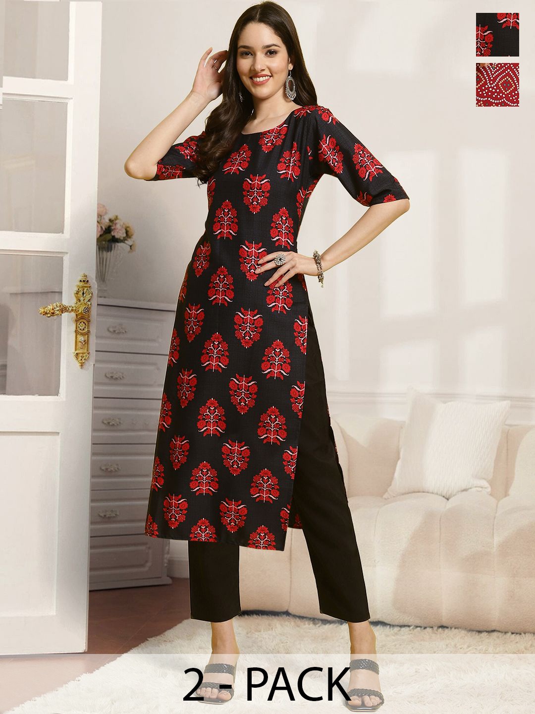 

7Threads Selection Of 2 Floral Printed Straight Kurtas With Trousers, Black