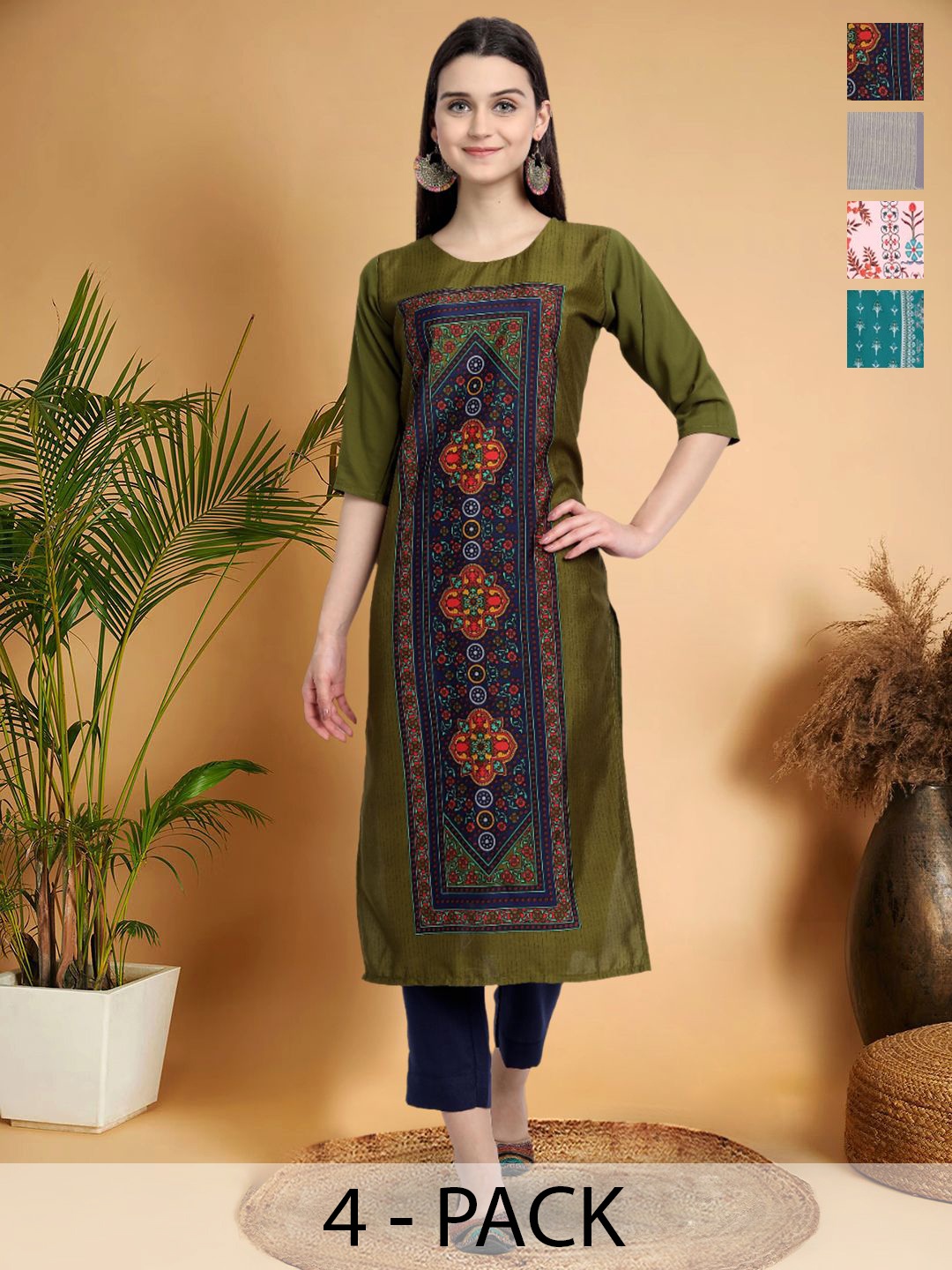 

7Threads Selection of 4 Ethnic Motifs Printed Round Neck Straight Kurta, Olive