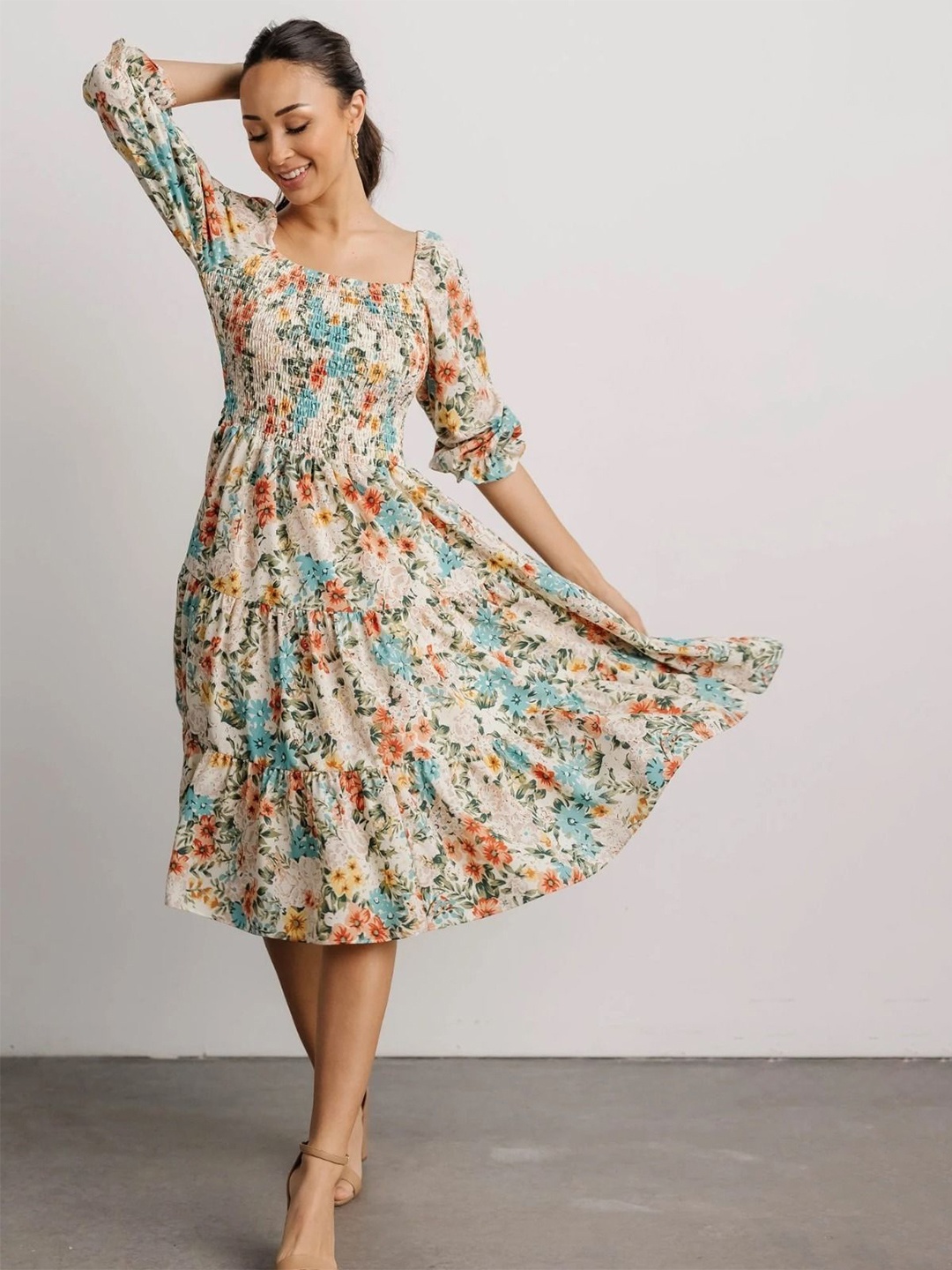 

BAESD Women Floral Printed Fit and Flare Midi Dress, Beige