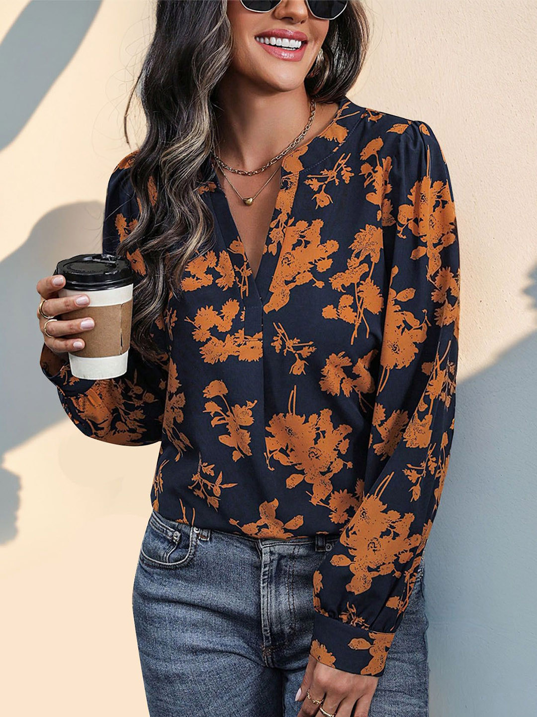 

DressBerry Women Floral Printed Mandarin Collar Top, Navy blue