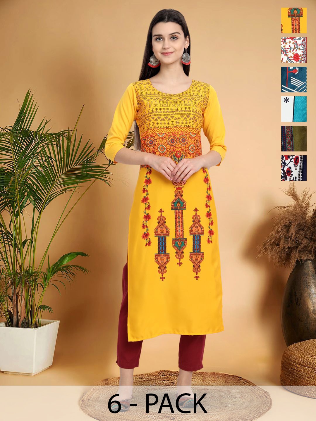 

7Threads Selection Of 6 Ethnic Motifs Printed Round Neck Straight Kurta, Yellow