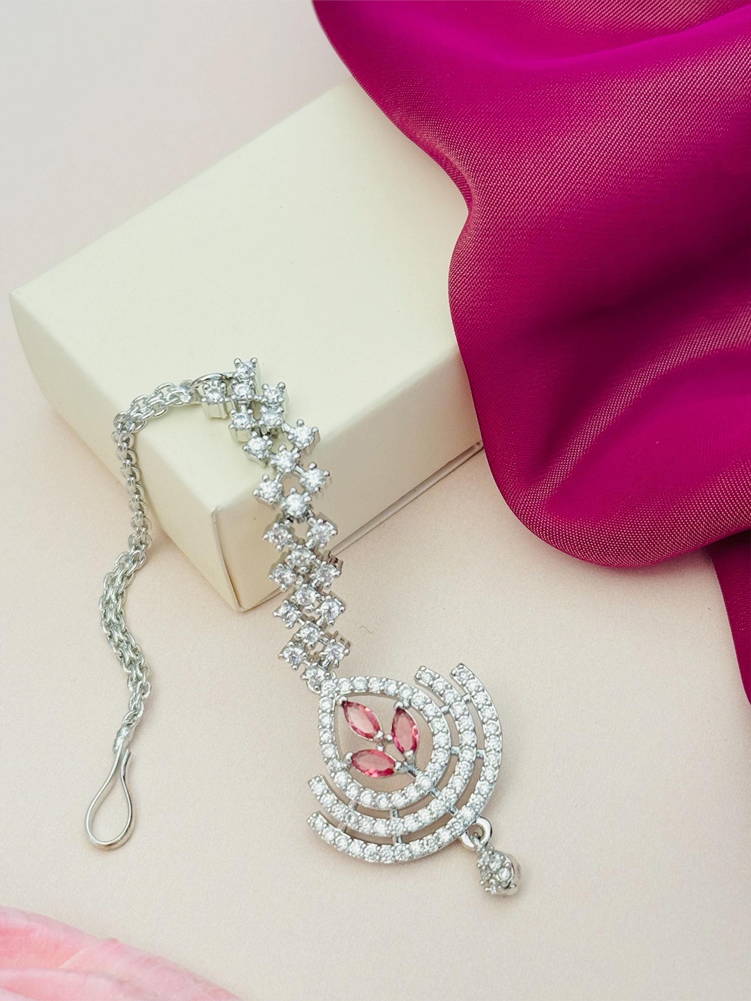 

ABDESIGNS Silver-Plated Artificial Stones and Beads Studded Maang Tikka