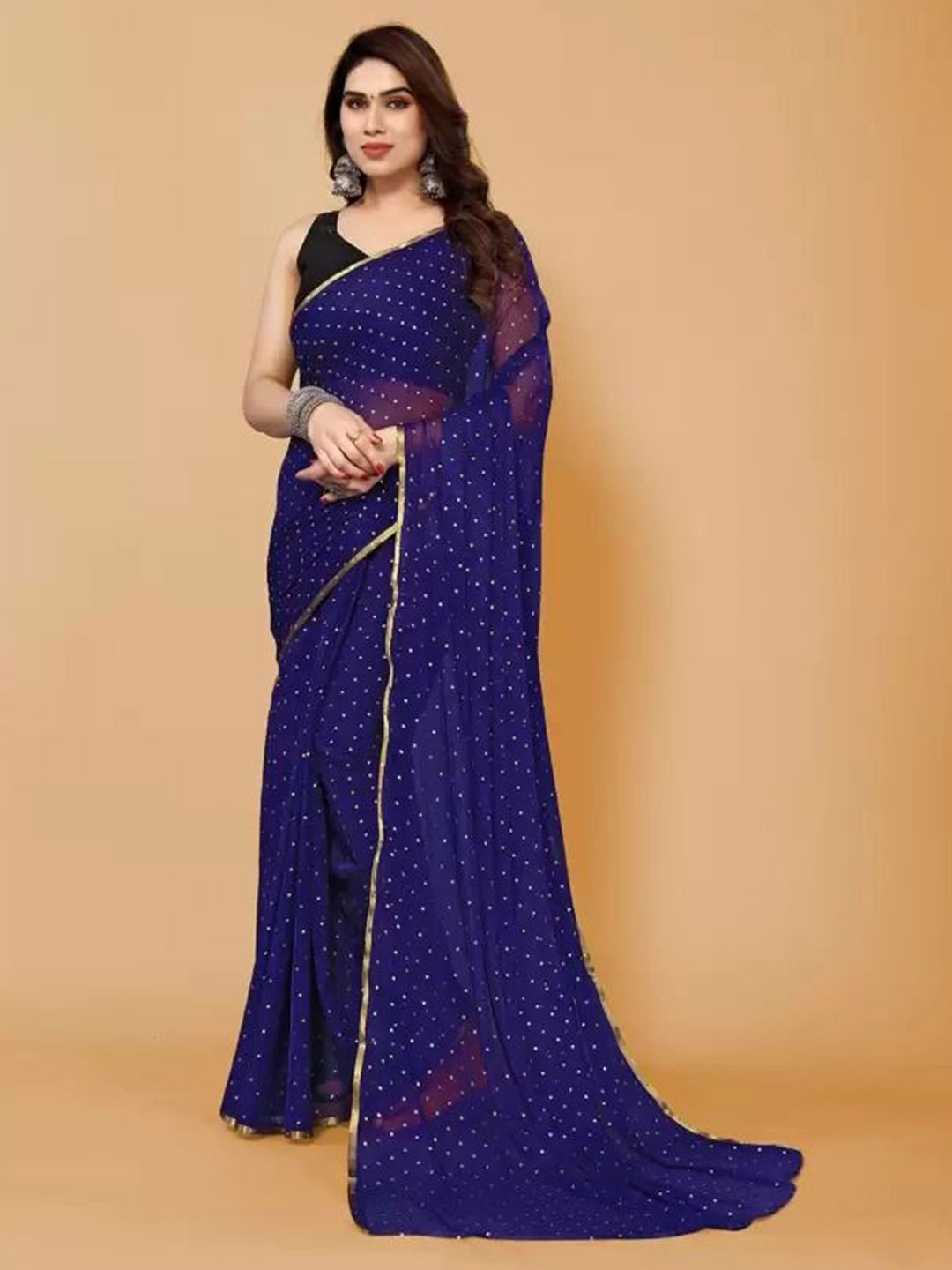 

SAADHVI Embellished Zari Pure Georgette Saree, Navy blue