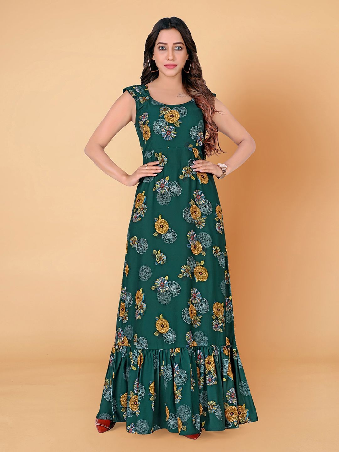 

Moda Rapido Women Floral Printed Ruffled A-Line Maxi Dress, Green