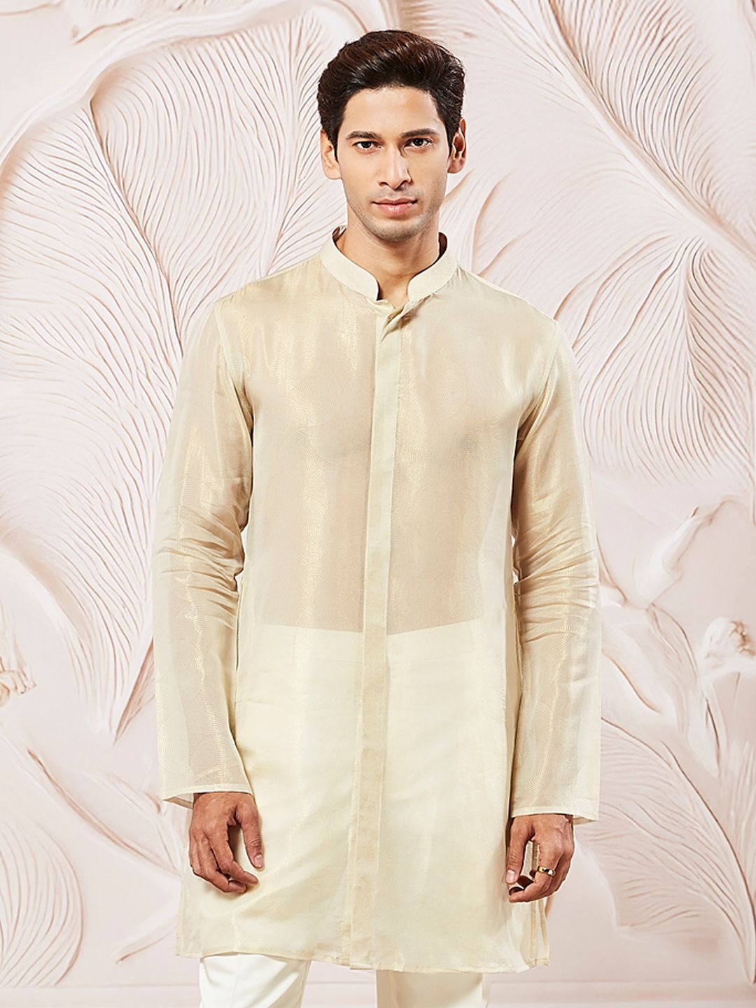 

VASTRAMAY Mandarin Collar Tissue Silk Straight Kurta, Beige