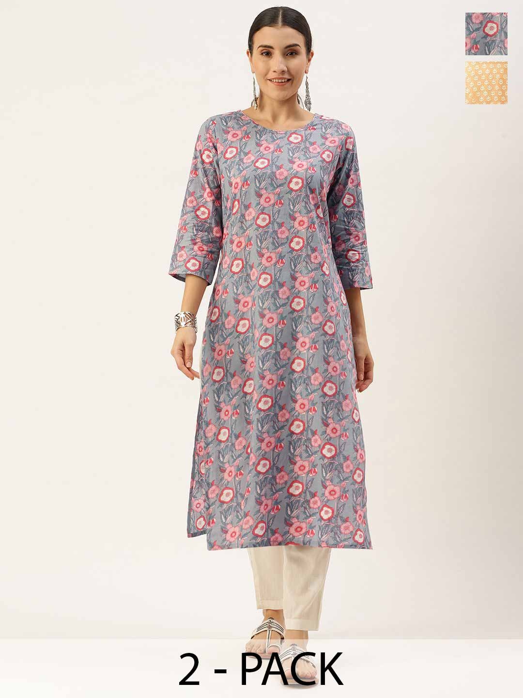 

KALINI Selection Of 2 Floral Printed Straight Kurtas With Trousers, Grey