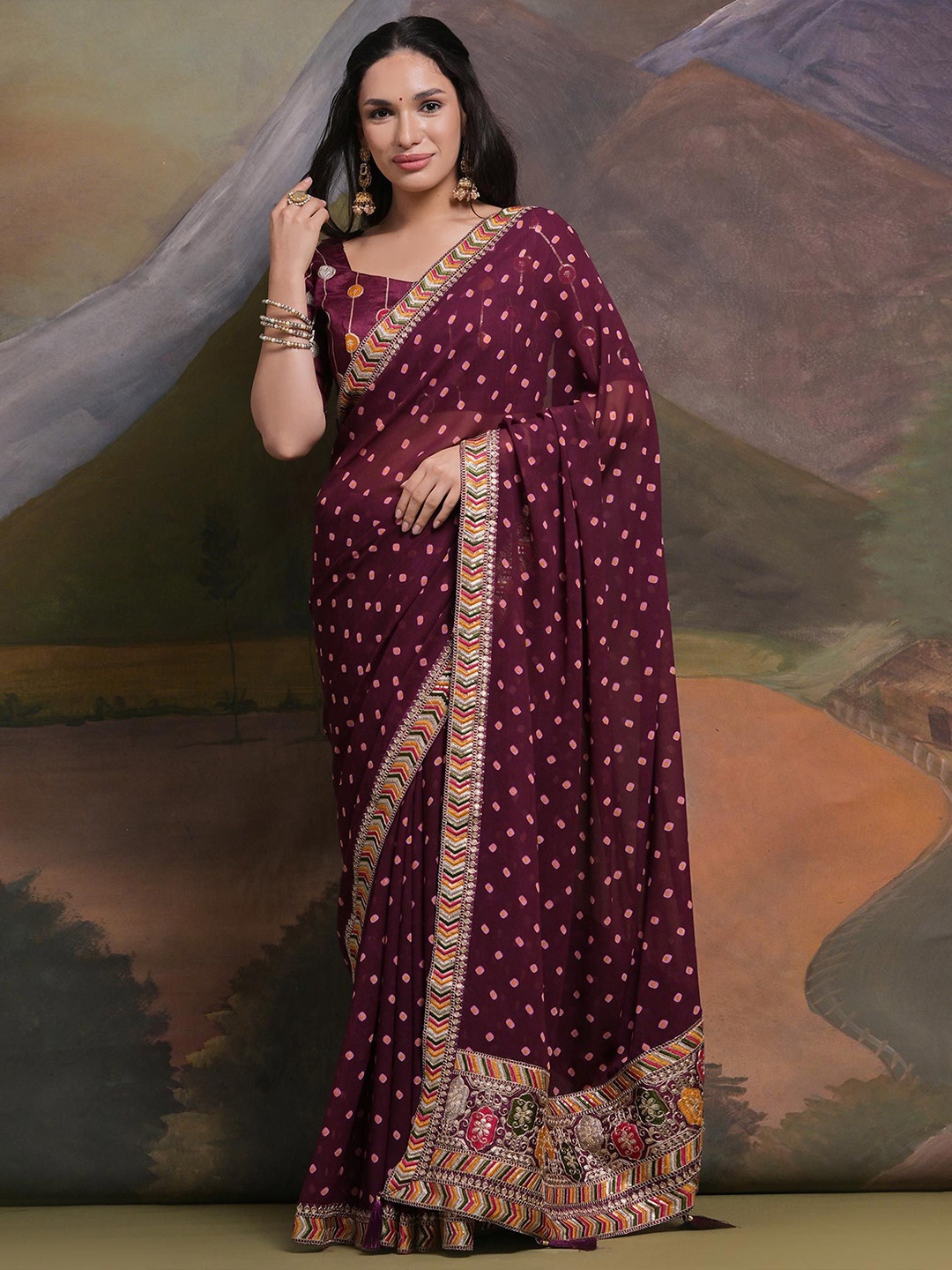 

Peachmode Sequinned Pure Georgette Bandhani Saree, Purple