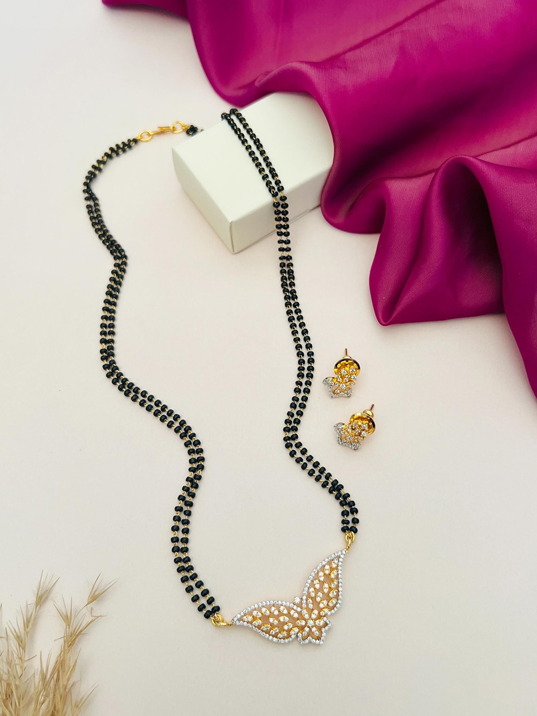 

ABDESIGNS Gold-Plated American Diamond Studded & Beaded Mangalsutra With Earrings