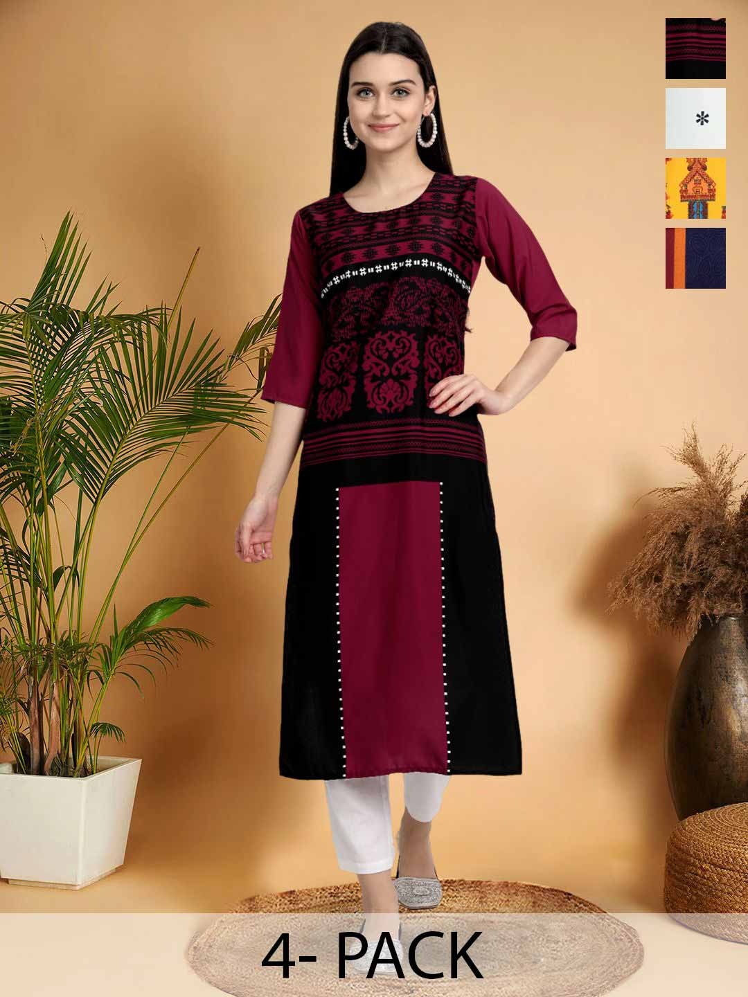 

7Threads Selection Of 4 Ethnic Motifs Printed Round Neck Straight Kurtas, Maroon