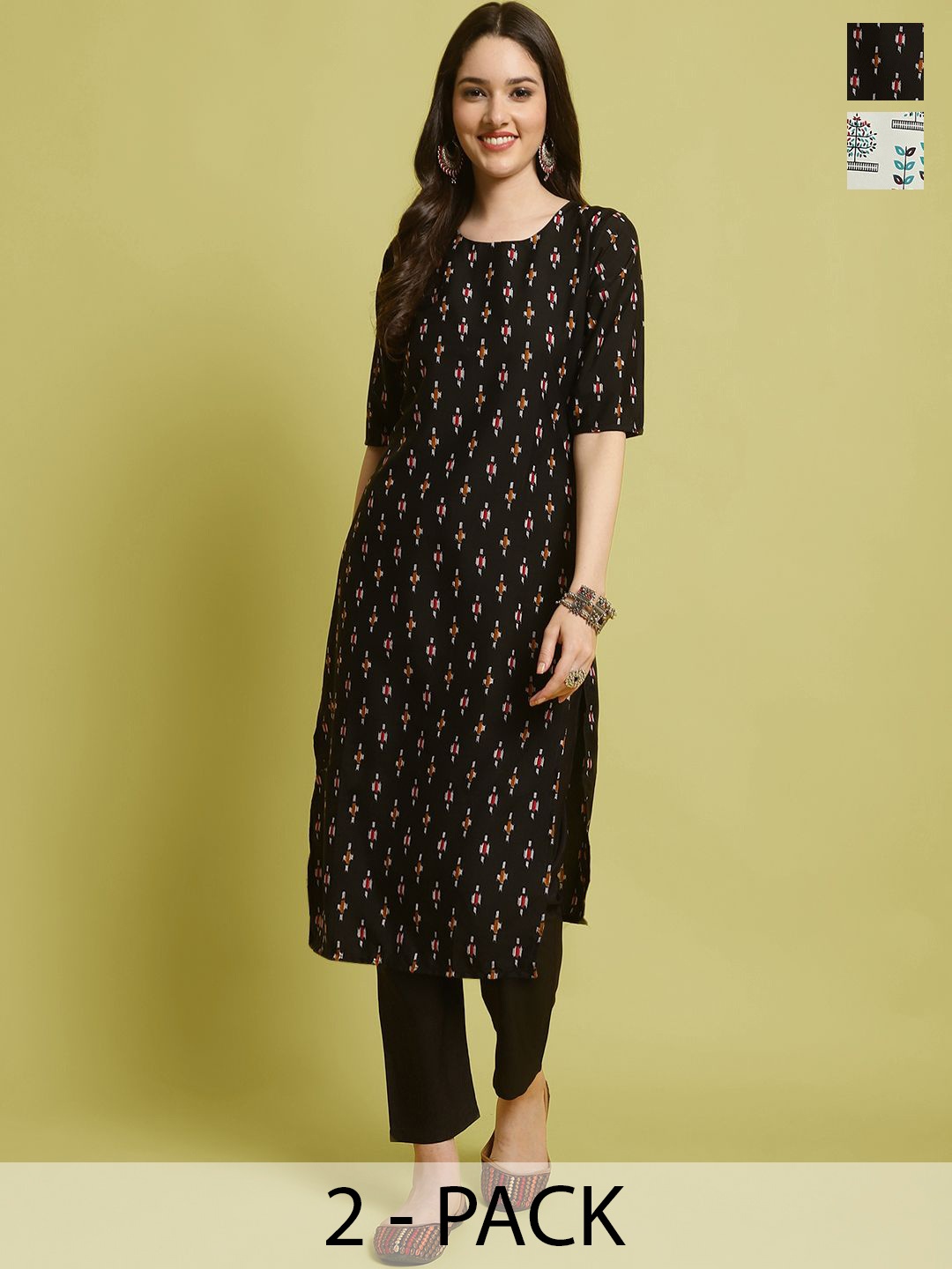 

7Threads Selection Of 2 Floral Printed Straight Kurta With Trousers, Black