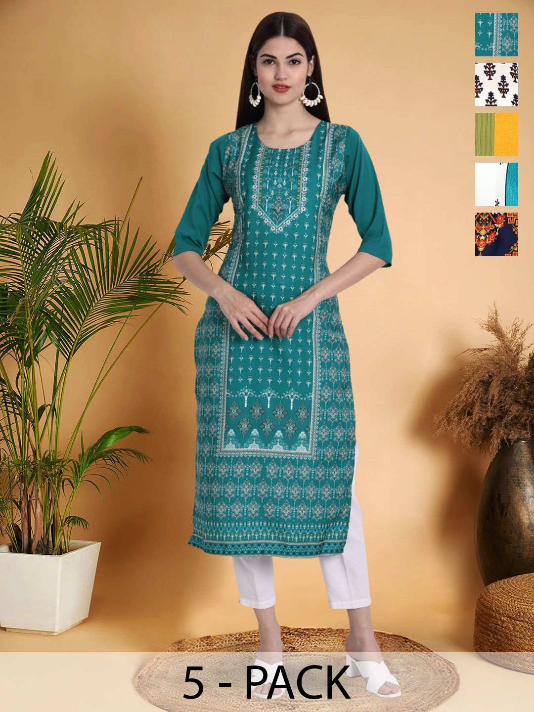 

7Threads Selection Of 5 Ethnic Motifs Printed Round Neck Kurtas, Teal