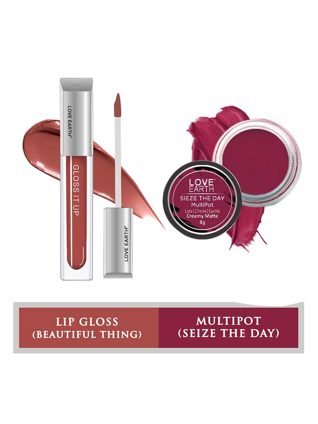 

LOVE EARTH Set Of 2 Creamy Matte Lip Cheek Tint Multipot 8g + Gloss It Up Lip Gloss 3ml, Pink