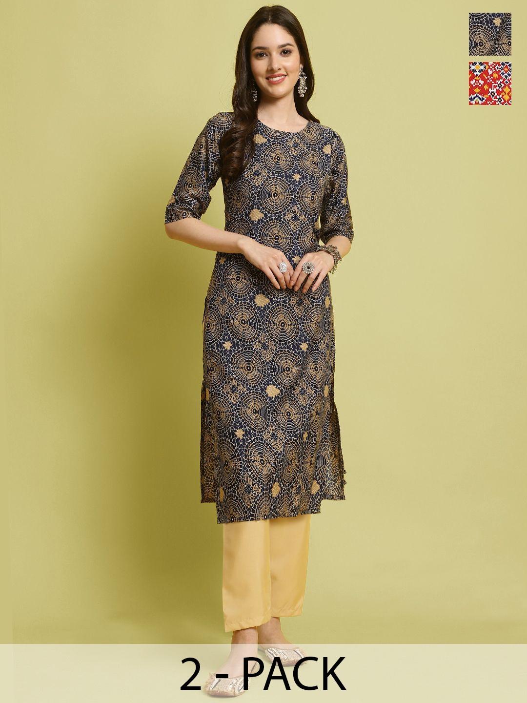 

7Threads Selection Of 2 Geometric Printed Round Neck Straight Kurta With Trousers, Navy blue