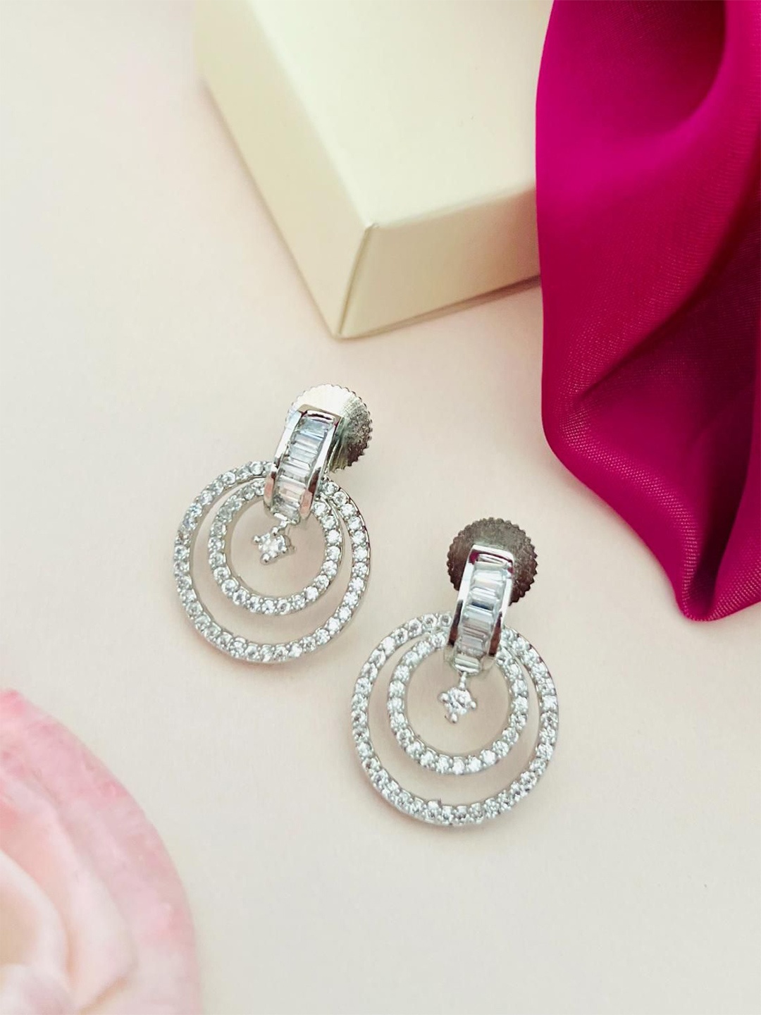 

ABDESIGNS Silver-Plated American Diamond Studded Classic Drop Earrings