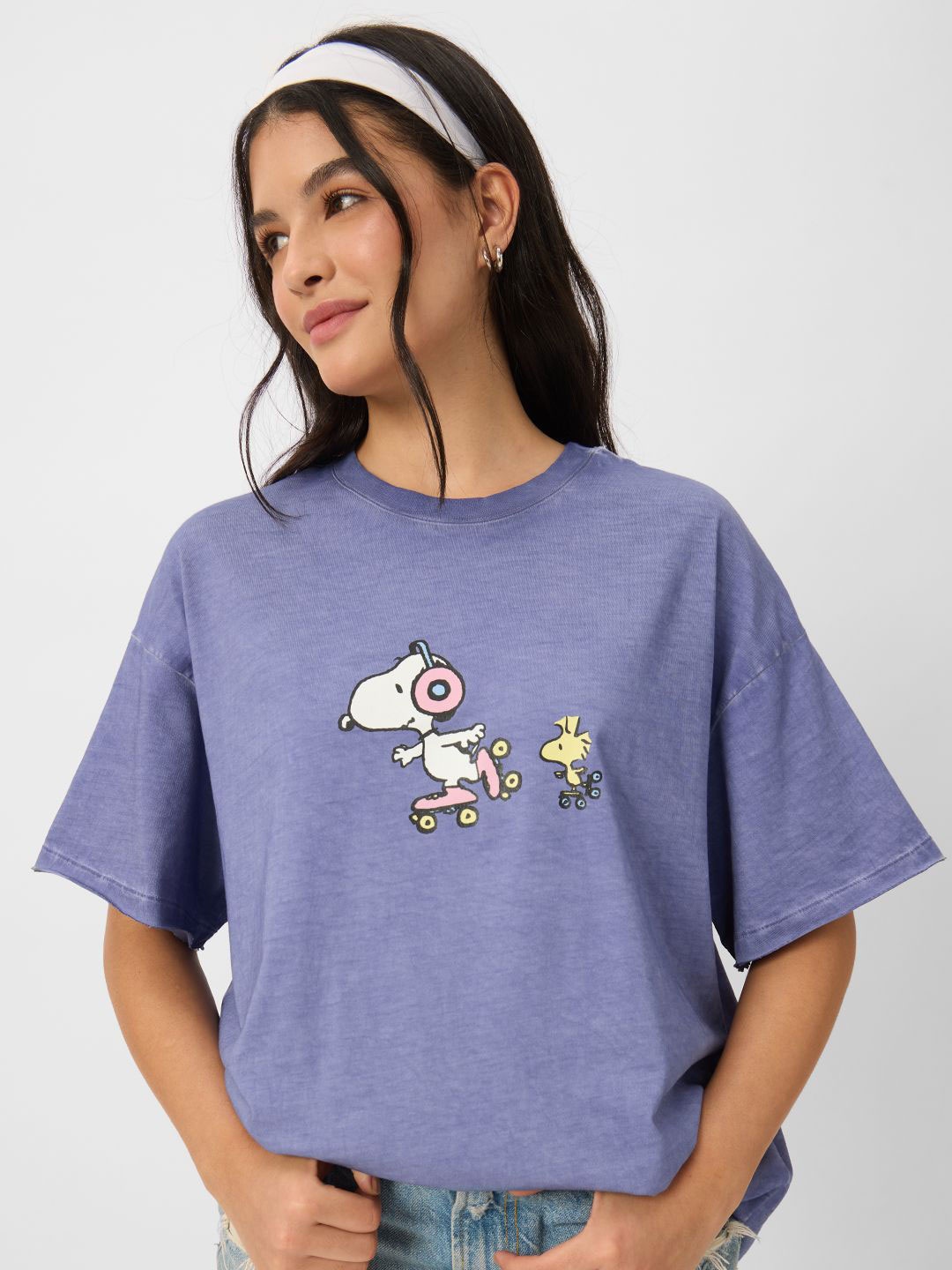 

The Souled Store Women Peanuts Graphic Printed Round Neck Cotton Oversized T-shirt, Blue