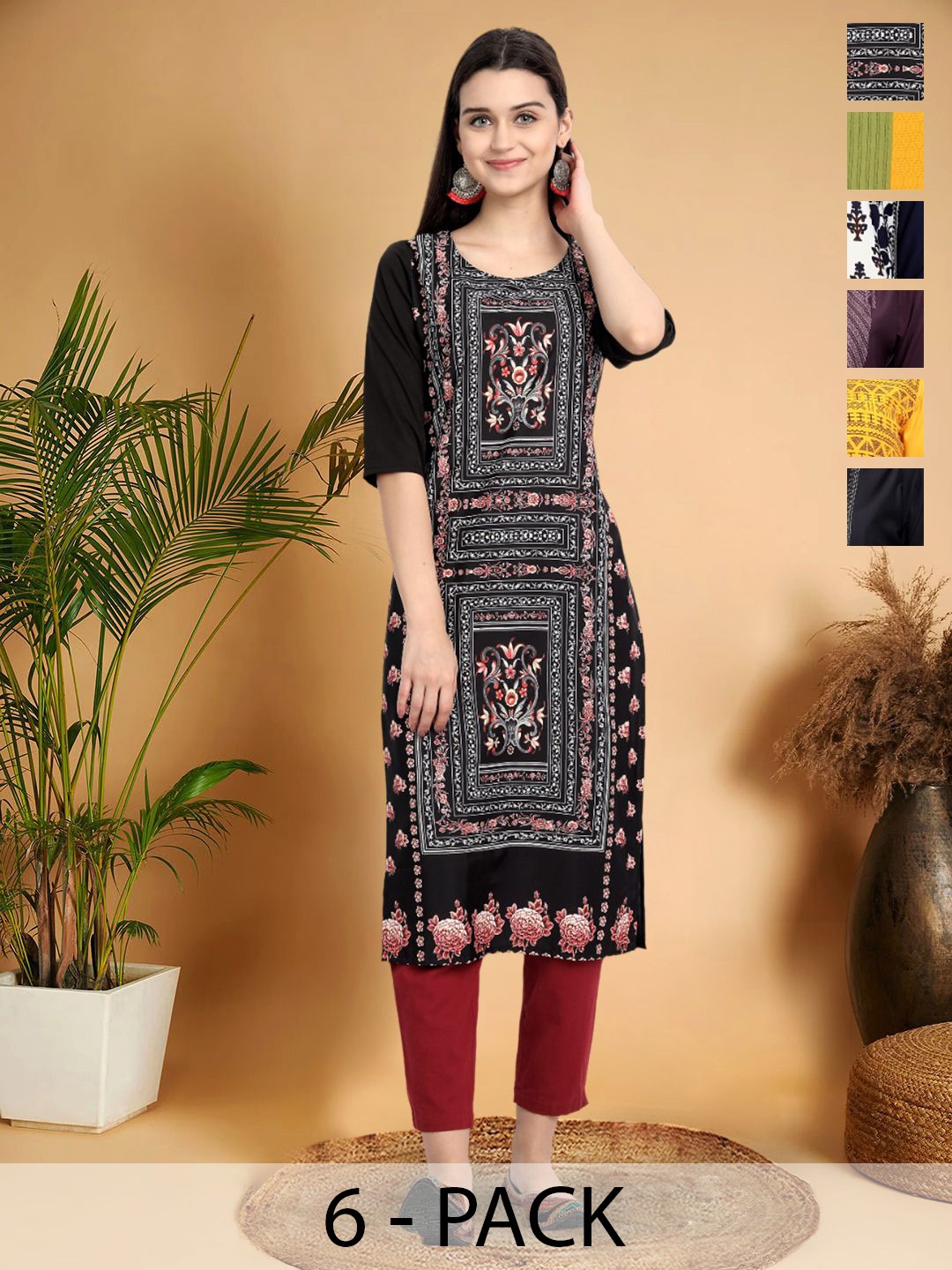 

7Threads Selection Of 6 Floral Printed Round Neck Kurtas, Black