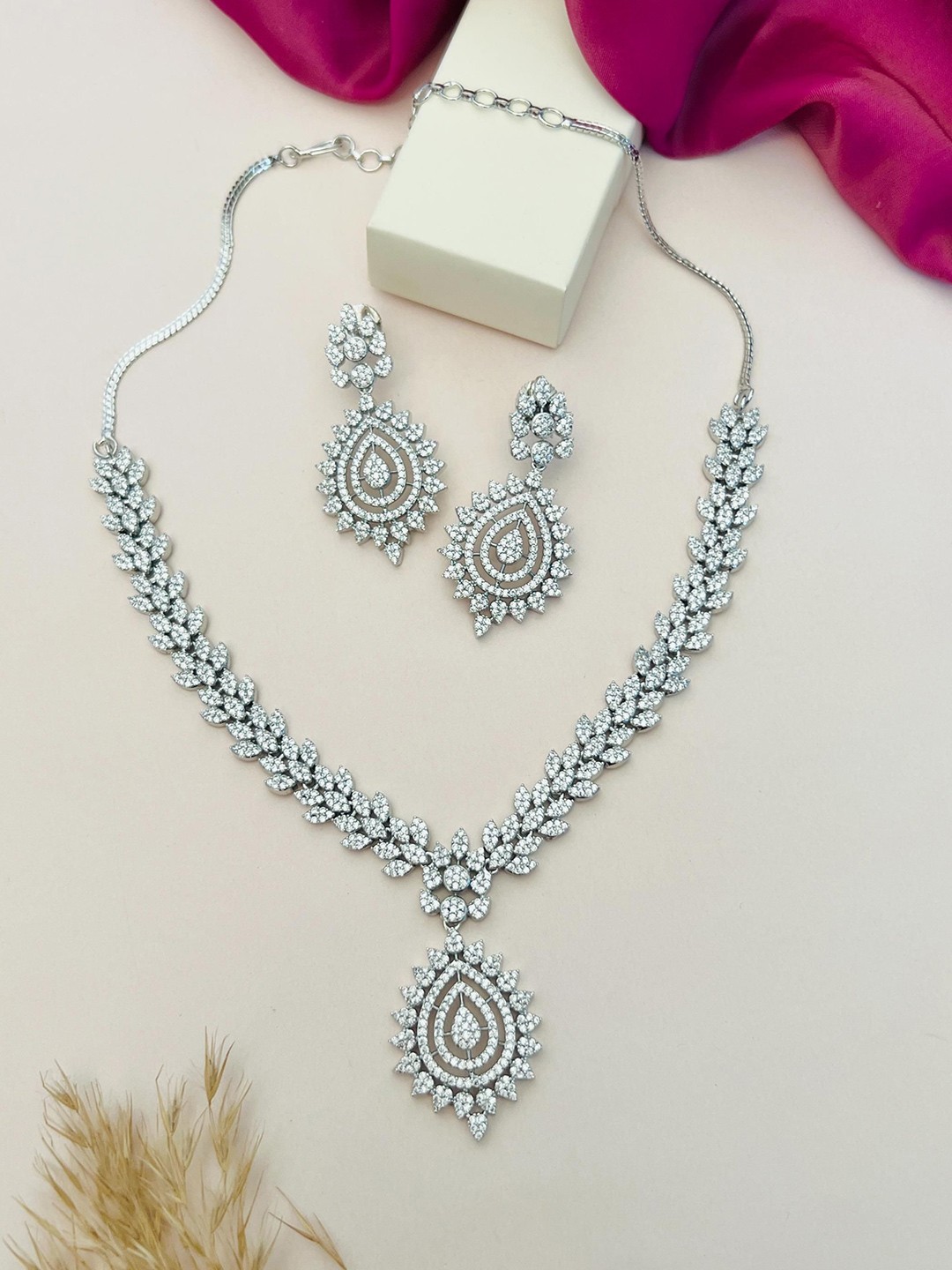 

ABDESIGNS Sliver Plated American Diamond Studded Jewellery Set, Silver