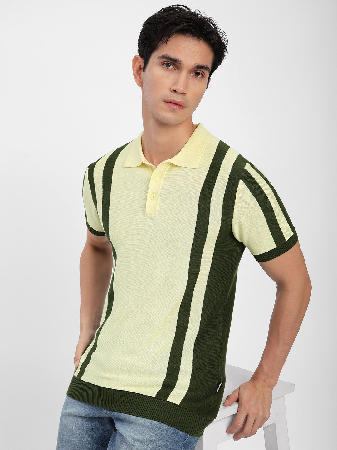 

Beyoung Men Striped Polo Collar Cotton T-shirt, Yellow