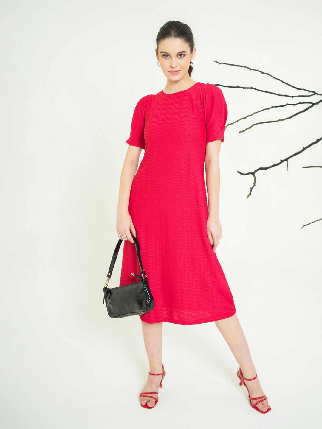 

PURVAJA Women Puff Sleeve A-Line Midi Dress, Red