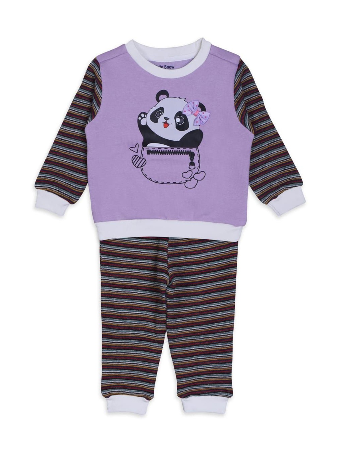 

White Snow Girls Printed Round Neck Sweatshirt With Jogger, Purple