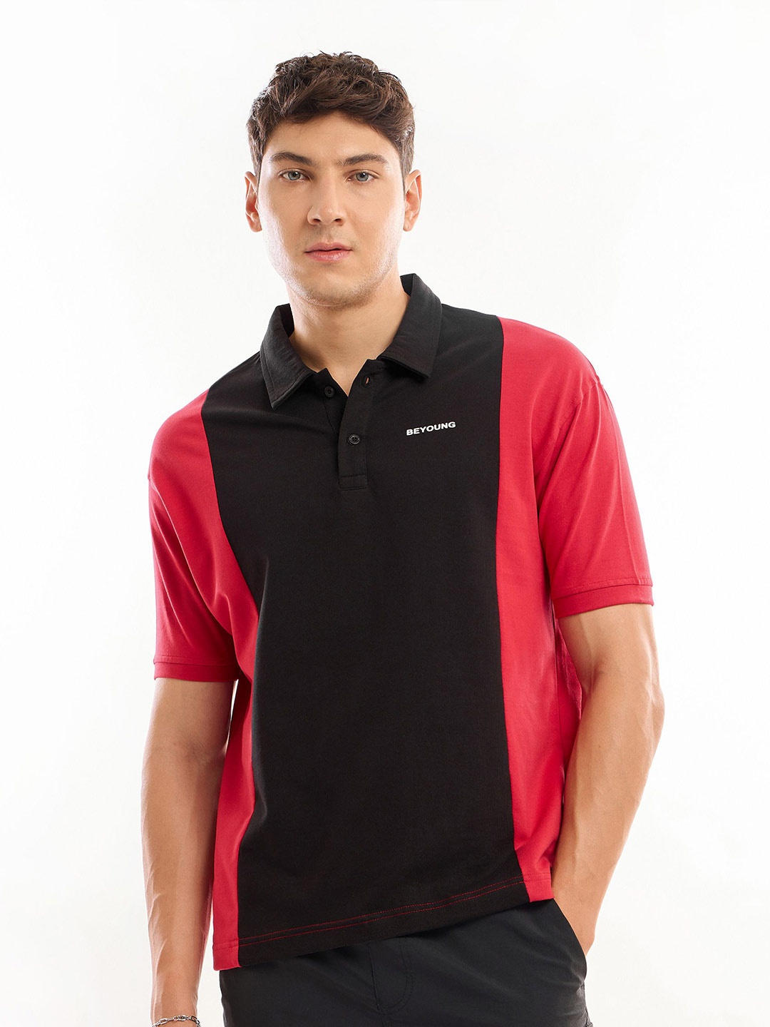 

Beyoung Men Colourblocked Polo Collar Cotton T-shirt, Red