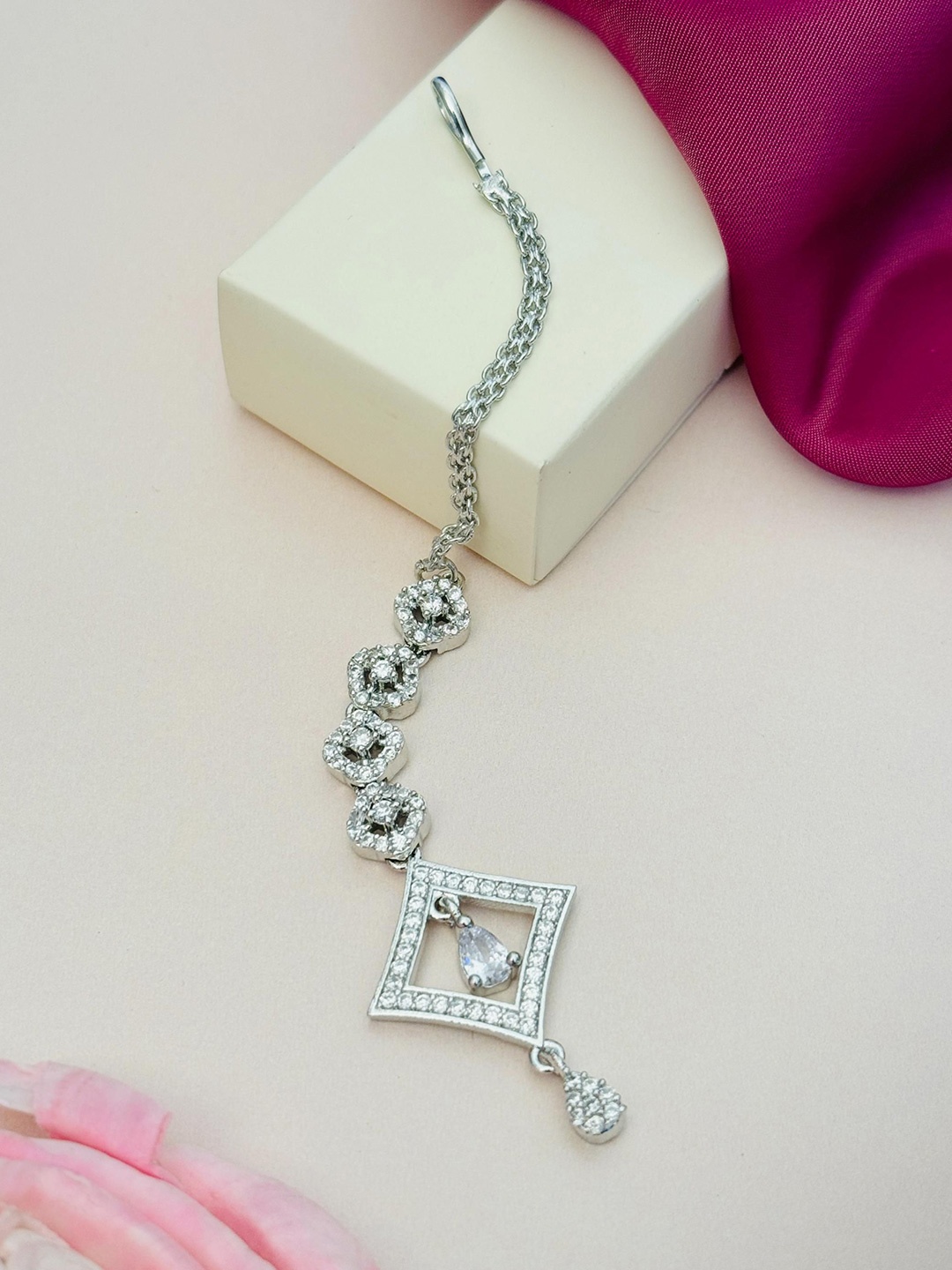 

ABDESIGNS Silver-Plated American Diamond Studded Maang Tikka