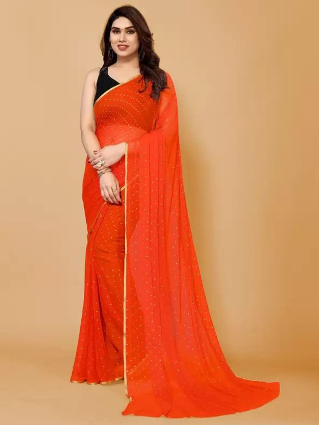 

SAADHVI Embellished Beads and Stones Pure Georgette Saree, Orange