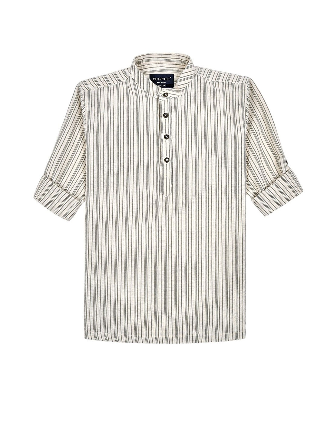 

CHARCHIT Boys Comfort Fit Band Collar Vertical Striped Cotton Casual Shirt, Off white