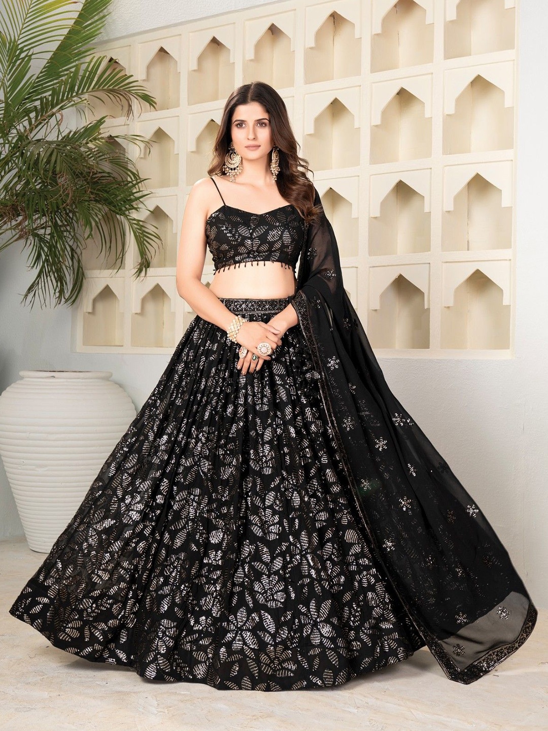 

mimi design Embroidered Sequinned Semi-Stitched Lehenga & Blouse With Dupatta, Black