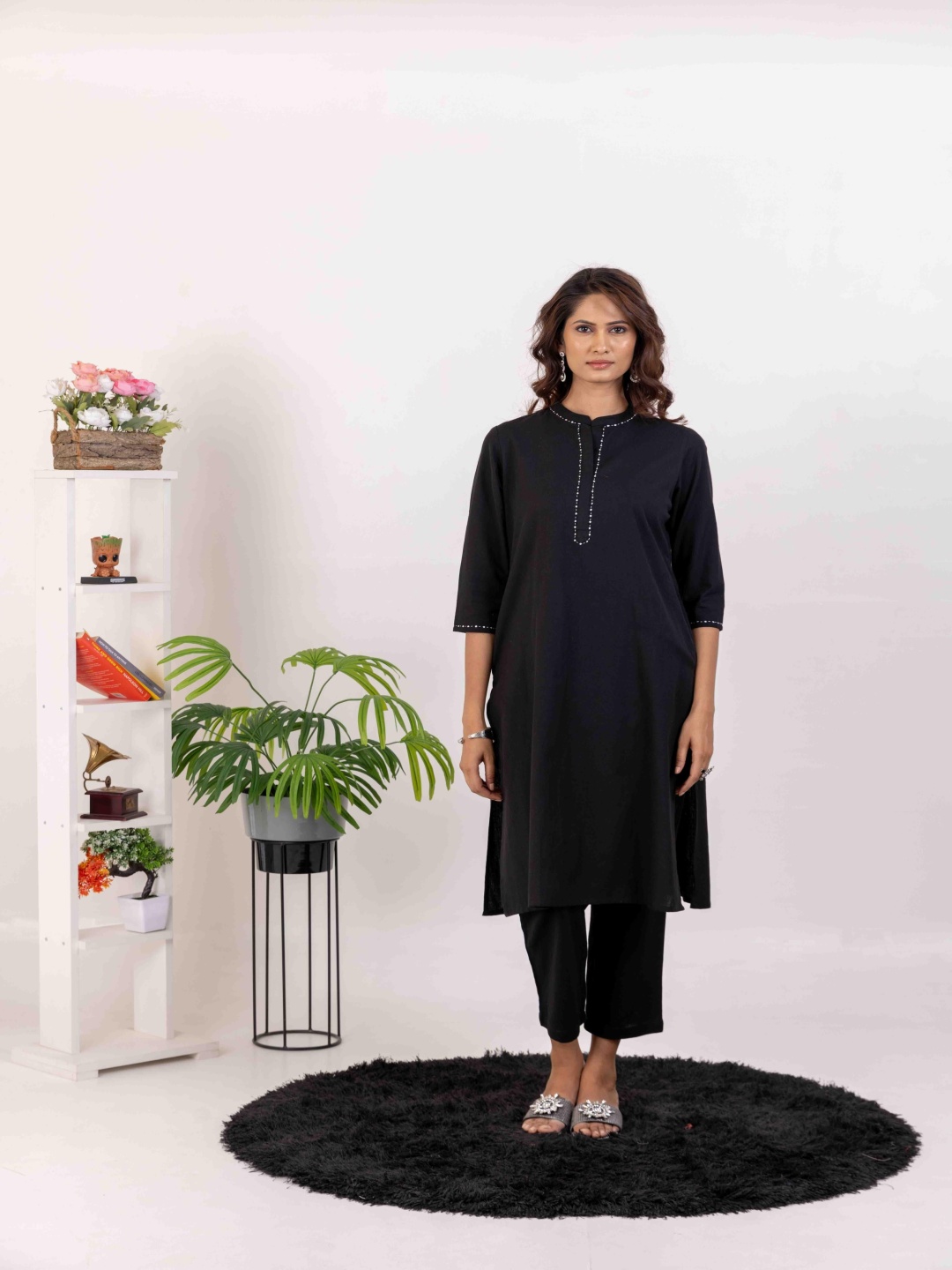 

INAAYA JAIPUR Mandarin Collar Pure Cotton Tunic & Trouser, Black