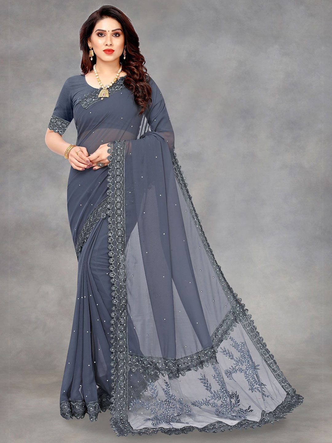 

A TO Z CART Embellished Embroidered Pure Georgette Saree, Grey