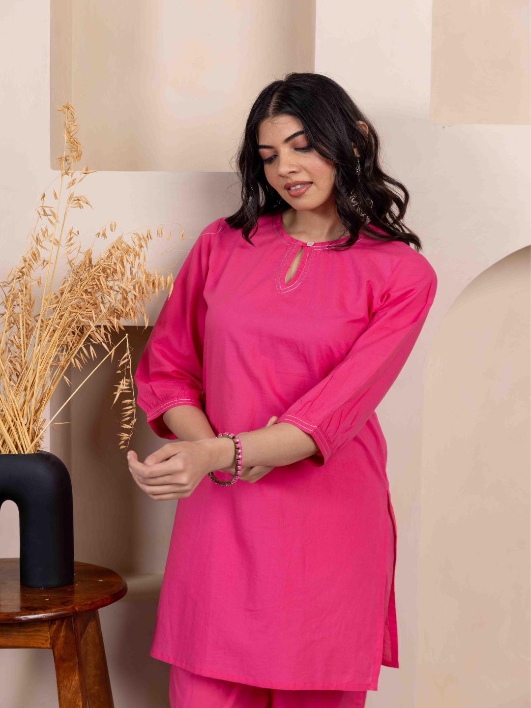 

INAAYA JAIPUR Keyhole Neck Pure Cotton Tunic & Palazzo, Pink