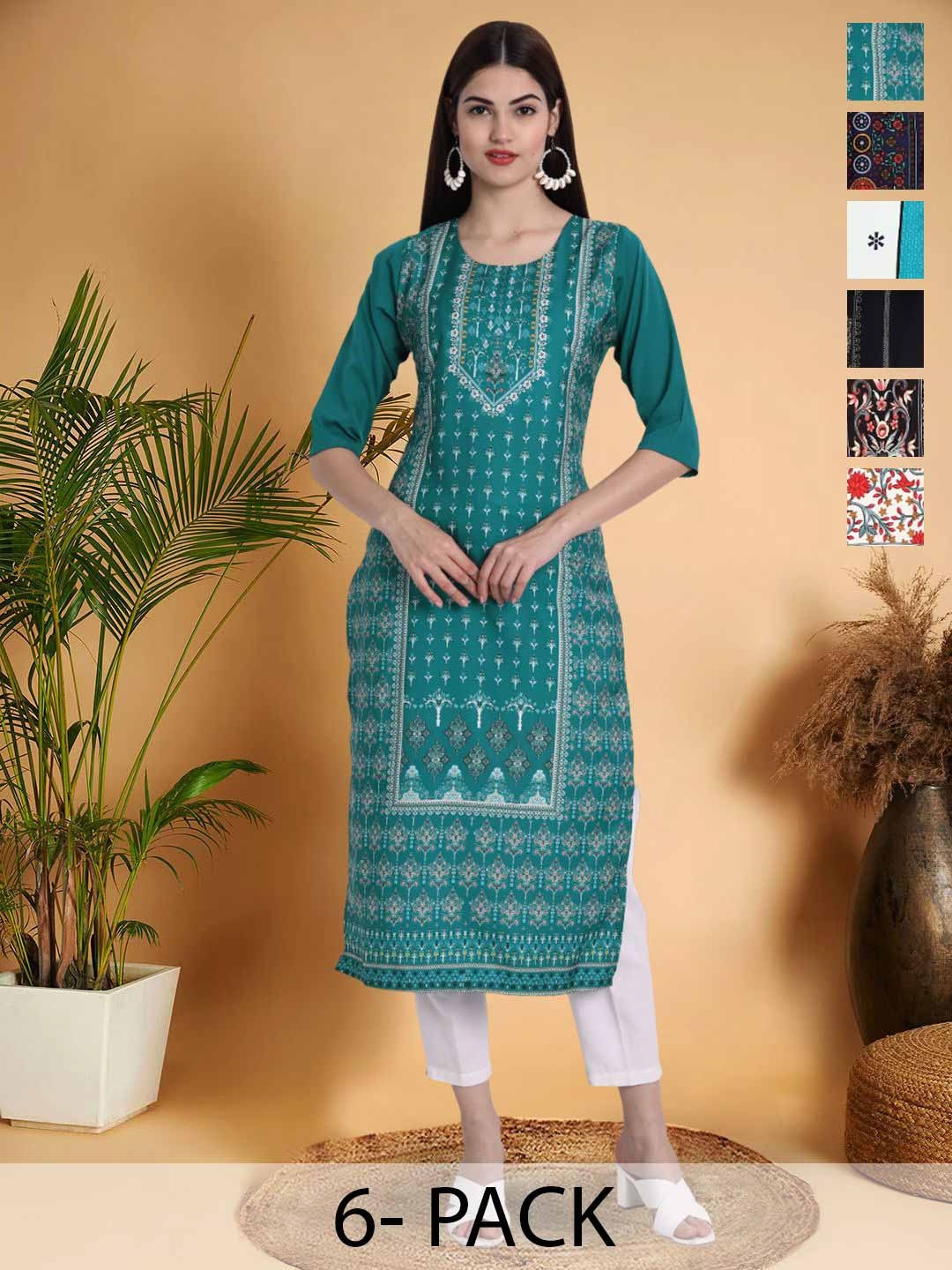 

7Threads Selection Of 6 Ethnic Motifs Printed Round Neck Straight Kurtas, Turquoise blue