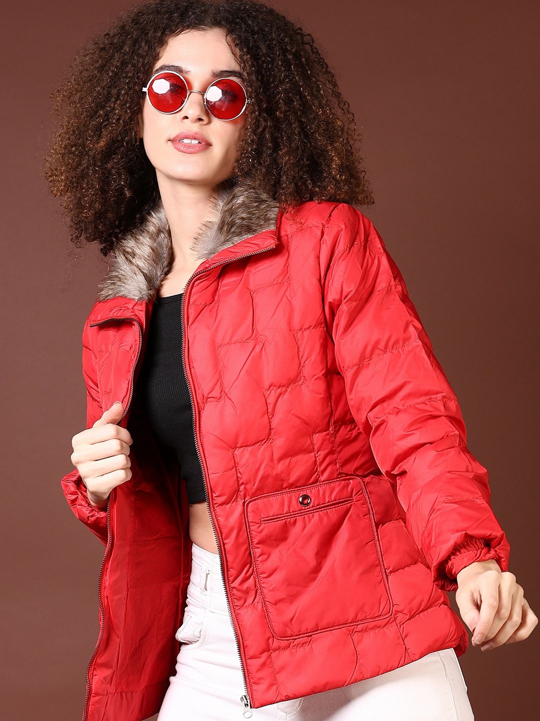 

V-Mart Women Mock Collar Solid Cotton Casual Parka Jacket, Red